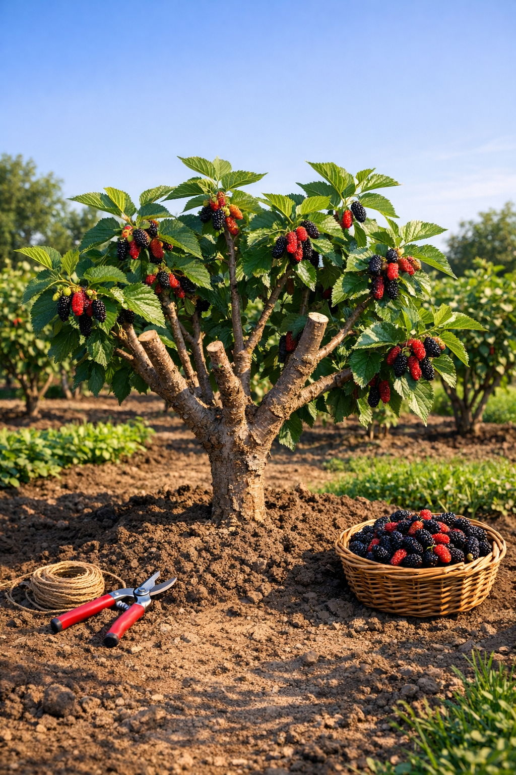 ripe mulberries on branch