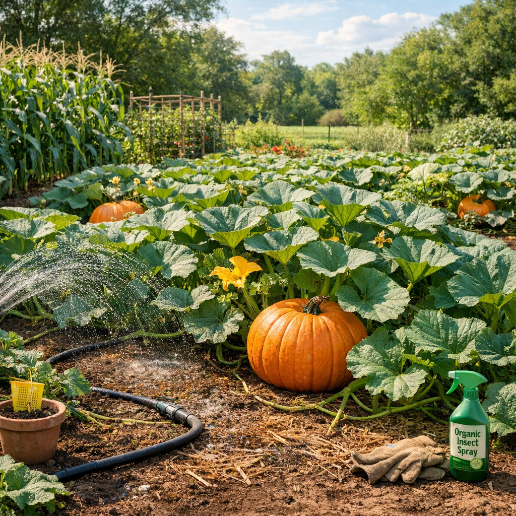 pumpkin vines in garden