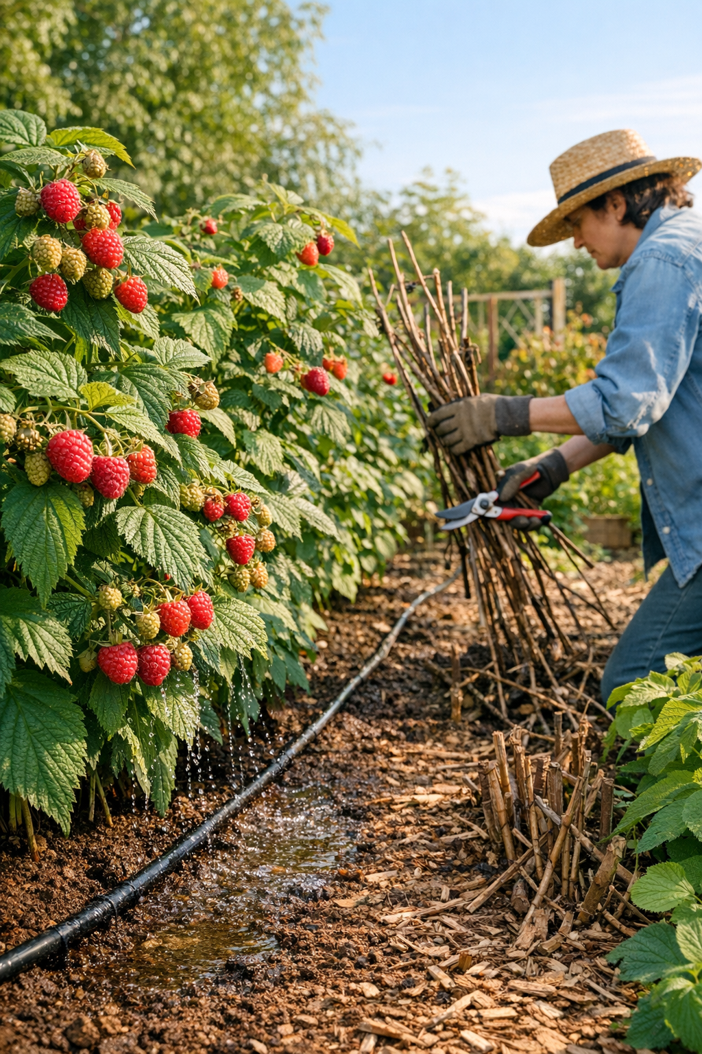 ripe raspberries on vine
